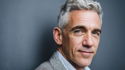 Fototapeta premium Mature caucasian male with gray hair in suit posing against gray background.