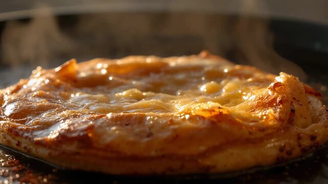Sizzling small round pizza bubbling, melting and browning on metal griddle, heat causing steam