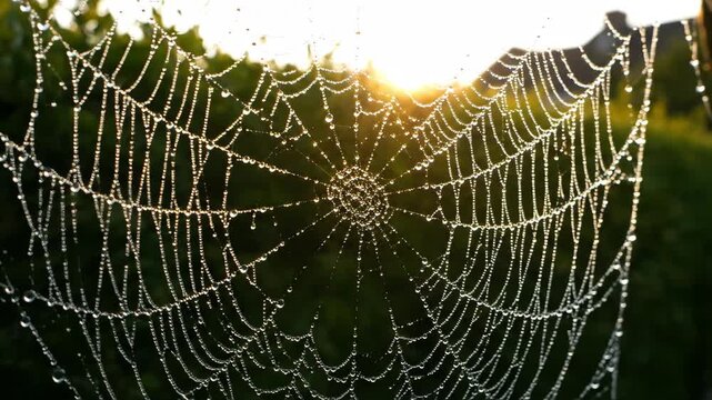 Close-up of a spider web with dew drops at sunrise. Backlit cobweb glistening in the morning light in a garden. Nature macro shot