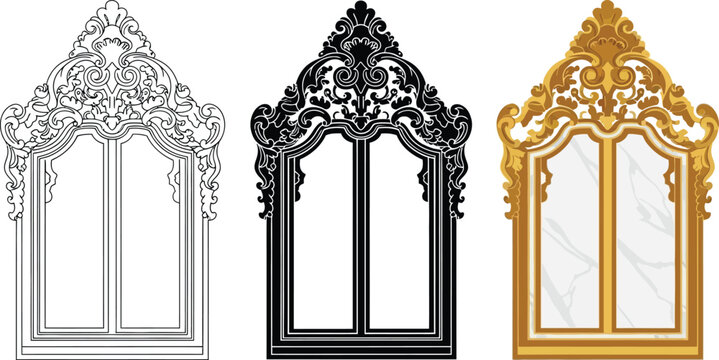 Ornate architectural window frames in black white and gold vector illustrations representing classic design elements for historical or luxury projects