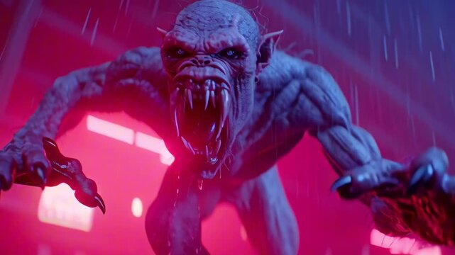 terrifying fanged monster, grotesque humanoid creature elongated sharp fangs, dripping blood, stalking rain-soaked neon city streets, cinematic dynamic red purple neon reflections wet asphalt, foggy