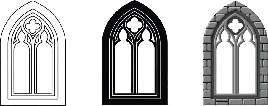 Gothic window icons set architectural elements in line art silhouette and stone design for historical or fantasy projects