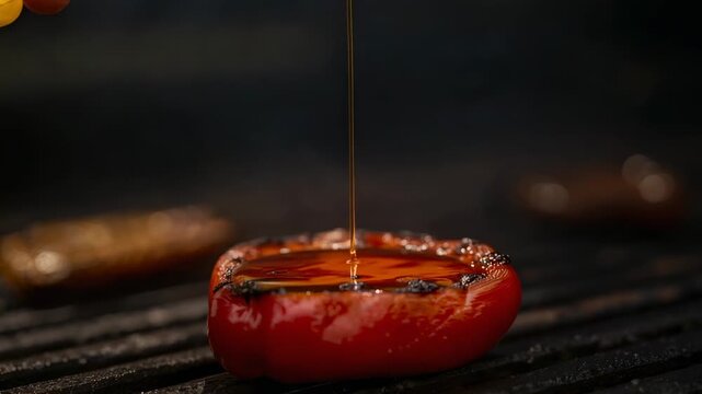 Pouring adult hand tipping clear bottle onto halved tomato on ridged grill, glazing with golden oil
