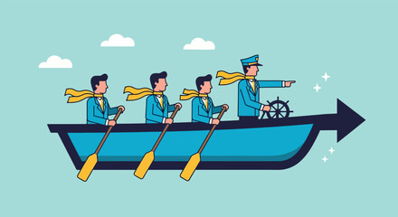 Business team rowing boat with leader steering towards success. © NFS Studio