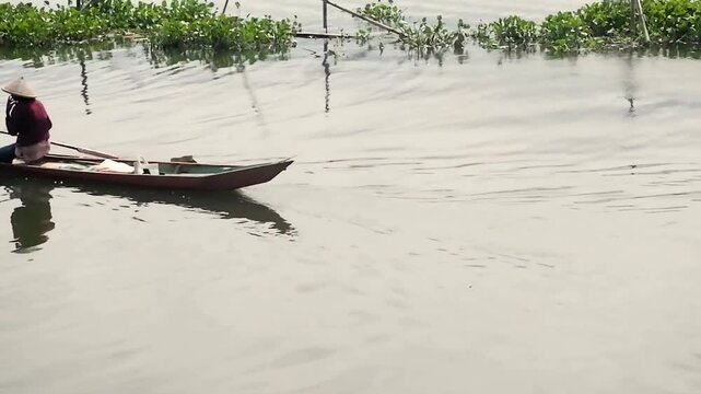 video of a fisherman returning home in the afternoon by riding a canoe which is rowed in a swamp and passing through a clump of water hyacinth