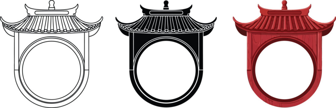 Collection of traditional Asian pagoda gate icons in outline silhouette and red vector styles representing cultural architecture and design elements