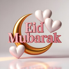 Gold Crescent Moon with Pink Hearts and 3D Pink "Eid Mubarak" Typography on Cream Background &mdash; Romantic Eid Greeting Card