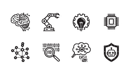 Technology Icons Set: Brain Robot Arm Lightbulb Chip Network Binary Code AI Cloud Shield