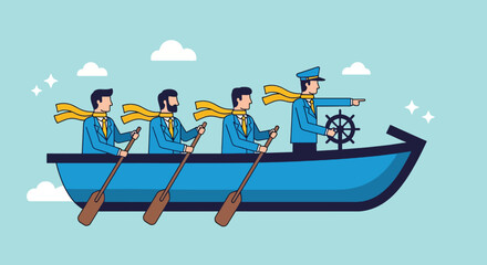 Leadership and teamwork in a boat with a captain and rowers. © NFS Studio