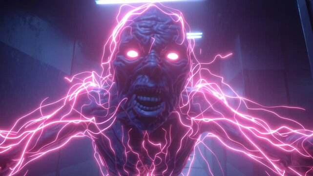 neon horror corridor, grotesque monsters flickering, semi-transparent skin, long twisted limbs, glowing veins, abstract body horror digital glitch effects, cinematic neon lighting foggy shadows horror