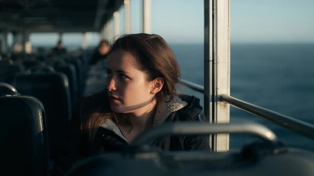 Turning, woman in fleece coat watching sea through metal railing on ferry, breeze lifting hair