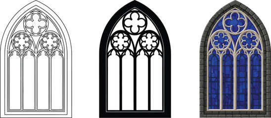 Gothic arched window designs including outline silhouette and stained glass variations for architectural illustration and historical concepts © Ahmad