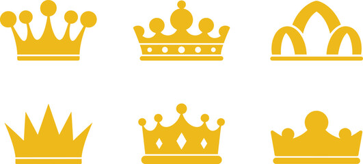 Collection of six gold crowns on white background