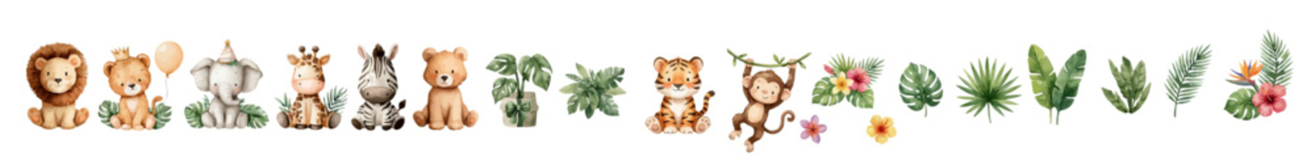 Safari nursery animals with tropical plants and florals. Hand painted Watercolor Jungle Birthday party. Collection of Vector illustrations. Perfect for invitation, card, poster, banner, decoration  © maria