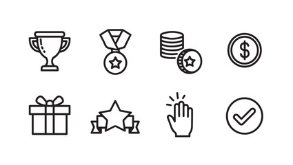 Trophy Medal Coins Gift Star Click Checkmark Icons Representing Success and Rewards