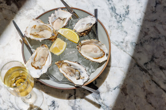 Fresh oysters on ice with champagne in sunlight