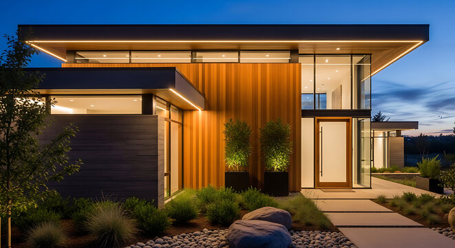 Ultra modern home design featuring vertical wood siding and integrated led strip lighting at night