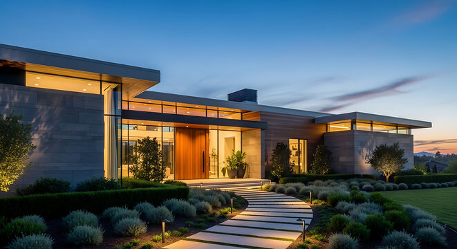 Minimalist contemporary mansion with flat roof and floor to ceiling glass walls at golden hour