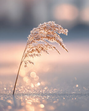 Single Frozen Reed in Winter Sunrise - Dreamy Bokeh Nature Background