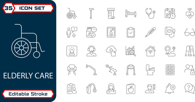 Senior Care and Assistance Minimal Outline UI Icons for Healthcare App and Caregiver Dashboard Editable Stroke EPS Vector