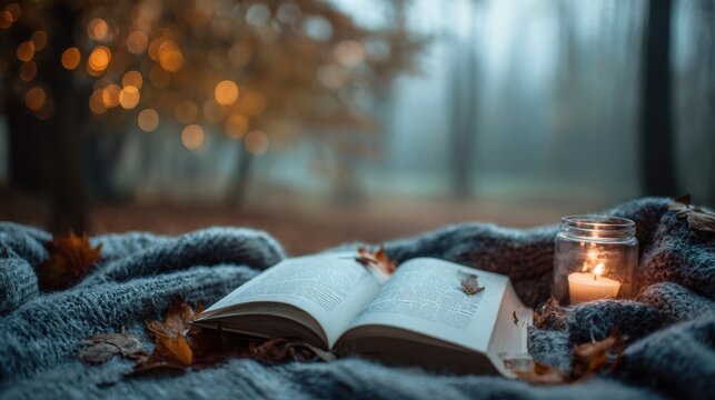 Cozy autumn reading scene with open book and candle in forest