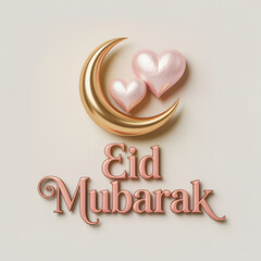 Gold Crescent Moon with Pink Hearts and 3D Pink "Eid Mubarak" Typography on Cream Background &mdash; Romantic Eid Greeting Card
