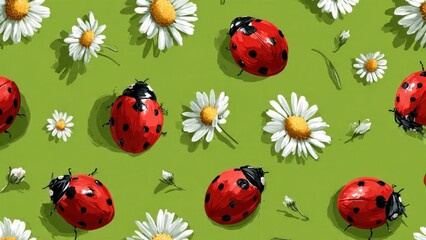 Ladybugs and Daisies on Green Background
