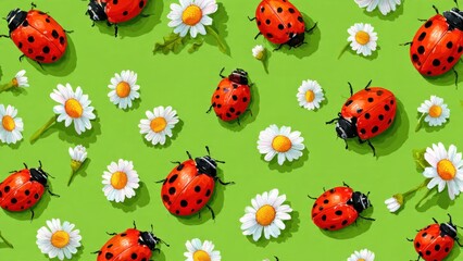Ladybugs and Daisies on Green Background