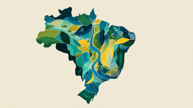 Abstract map of brazil with vibrant blue and green swirls on cream background