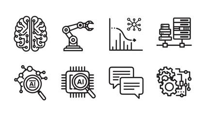 Artificial Intelligence Icons: Brain Robot Arm Data Graph Servers Magnifier Chip Chat Gears