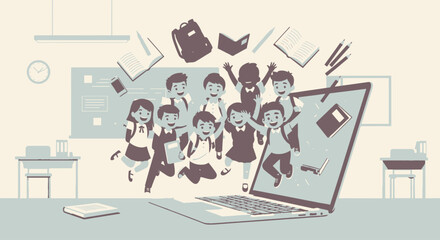 Happy students blending into a virtual classroom from a laptop, illustrating the dynamic synergy of modern digital learning and remote education innovation