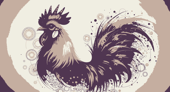 Vibrant Rooster Illustration with Abstract Circles and Organic Motifs