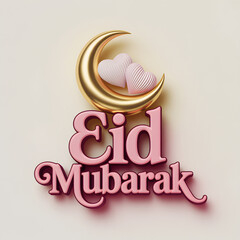 Gold Crescent Moon with Pink Hearts and 3D Pink "Eid Mubarak" Typography on Cream Background &mdash; Romantic Eid Greeting Card