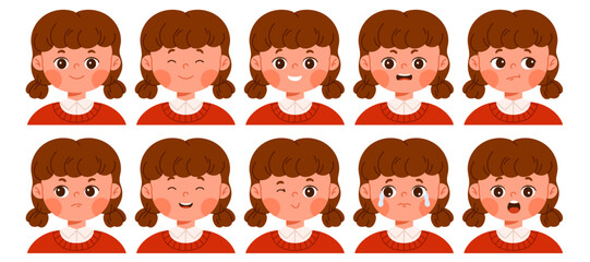 Naklejka premium Set of cute girl character with different facial expressions. Child avatar with various emotions as happy, sad, surprised, angry, confused and smiling. Isolated vector illustration in cartoon style
