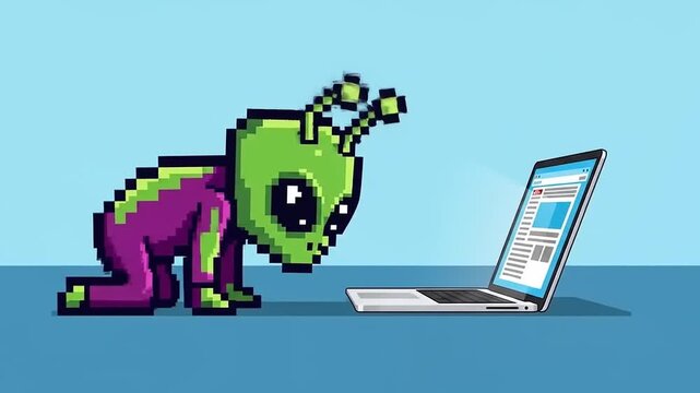 Pixel Art Monster Using Laptop Computer.