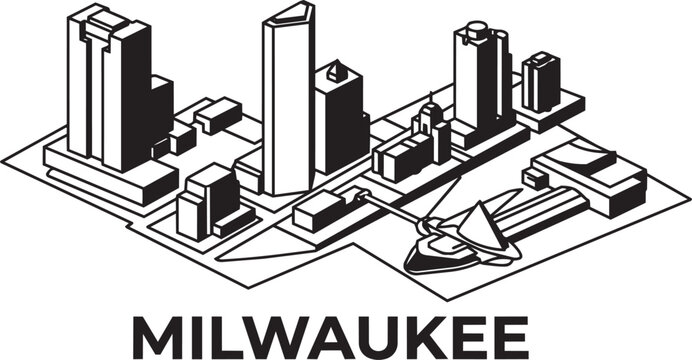 Isometric view milwaukee city skyline vector illustration with city name milwaukee in capital letters