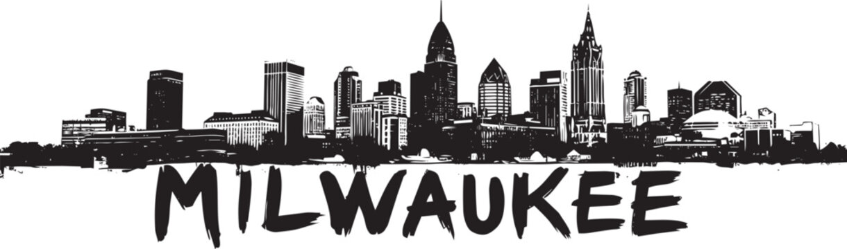 Milwaukee USA urban skyline illustration with artistic sketch style text