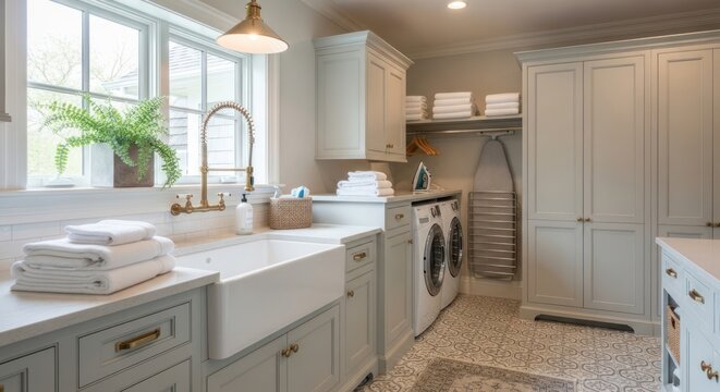 Modern laundry room interior with sink cabinets washer dryer and window