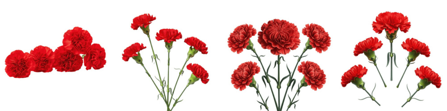 Set and collection of beautiful red carnation flowers and fresh floral bouquets for decoration isolated on white transparent PNG background