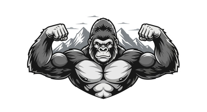 Strong gorilla flexing muscles against mountain range silhouette