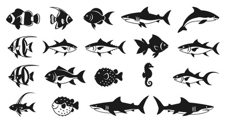 Obraz premium Collection of various marine fish silhouettes in black and white vector illustration