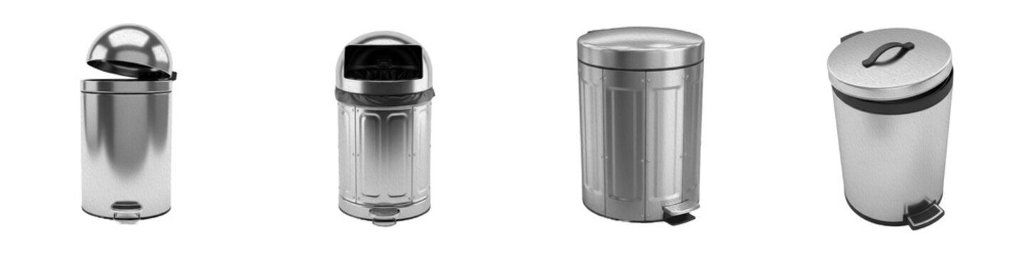 Collection of modern stainless steel trash cans and metal dustbins with pedals and lids for kitchen and office isolated on white transparent PNG background