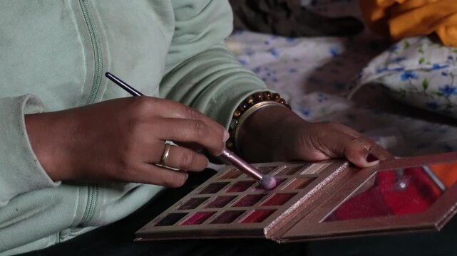 Person Applying Makeup Brush Colorful Eyeshadow Palette Beauty Tutorial