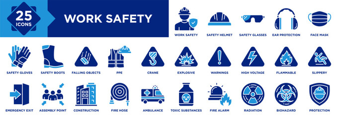 Work Safety icon collection set. Containing design Safety Helmet, Safety Glasses, Ear Protection, Face Mask, Safety Gloves