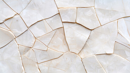 Abstract pattern of broken white marble or onyx tiles with natural veining and irregular shapes
