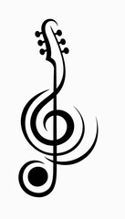 A creative design combines a treble clef with the outline of a guitar.