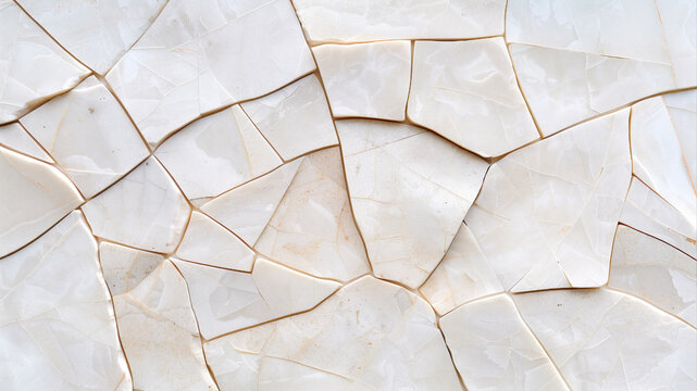 Abstract pattern of broken white marble or onyx tiles with natural veining and irregular shapes