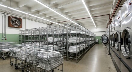 Fototapeta premium Industrial laundry room interior with metal shelves and washing machines