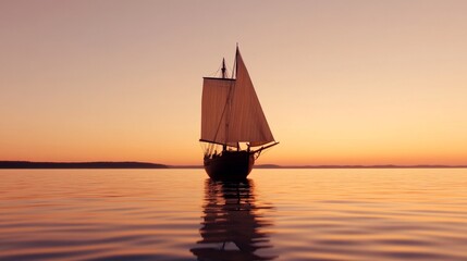 Obraz premium Serene sunset sailing scene on calm sea with silhouette of classic boat and vibrant sky