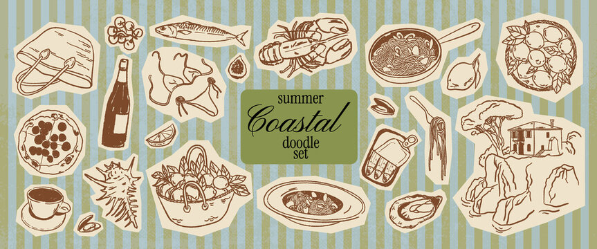 Scrapbook Italian coastal vacation doodle set. Crayon drawn brown illustration with seafood, pasta, beach elements, wine. Doodle sketch picnic elements for whimsical packaging and menu design.